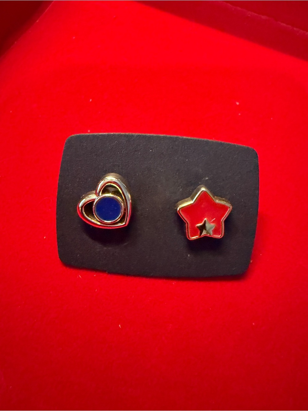 Gold-Tone Heart and Star Brooch Set in Red and Blue